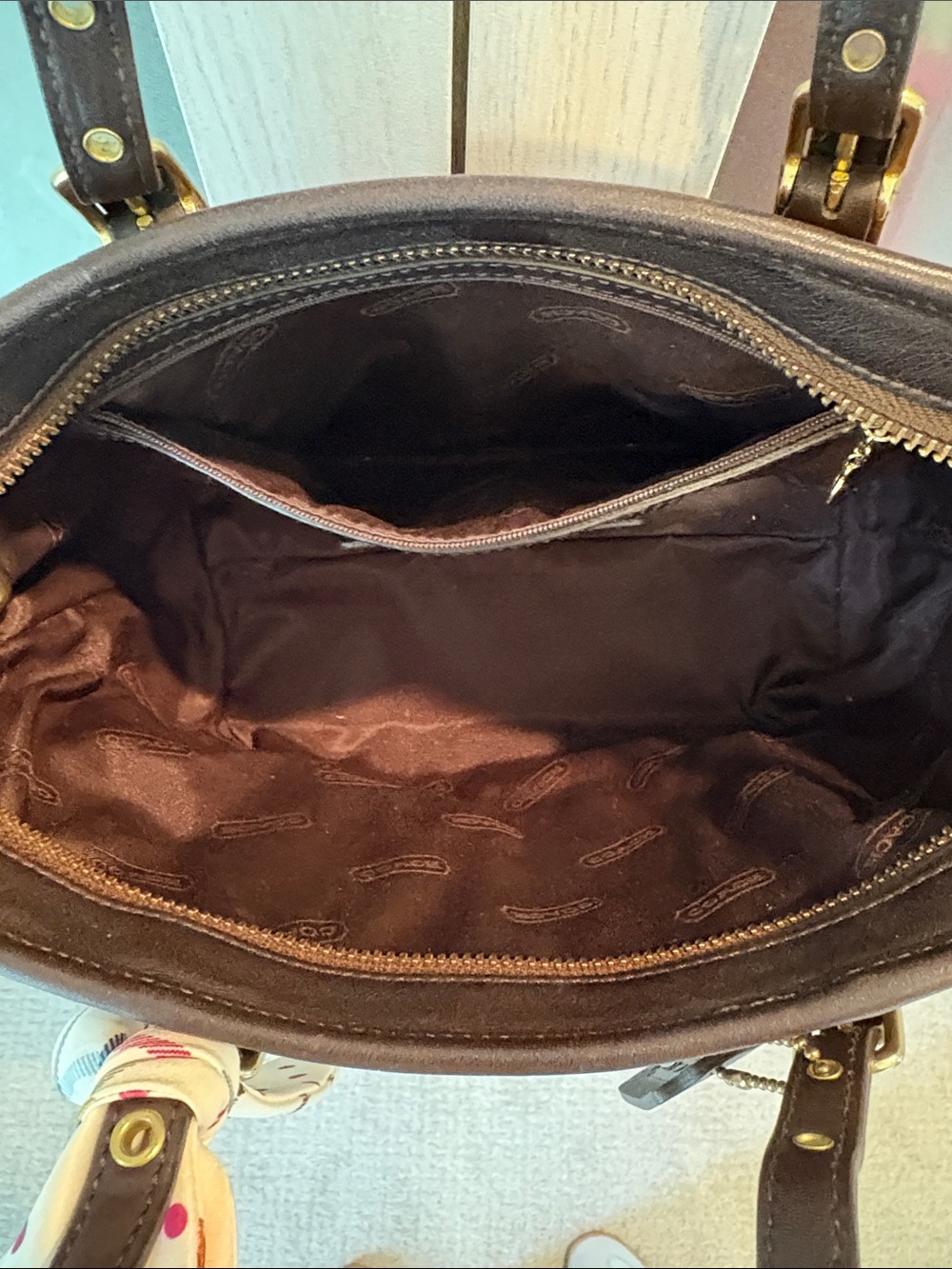 Coach Brown Suede Satchel with Gold Chain and Polka Dot Scarf - Picture 8 of 9